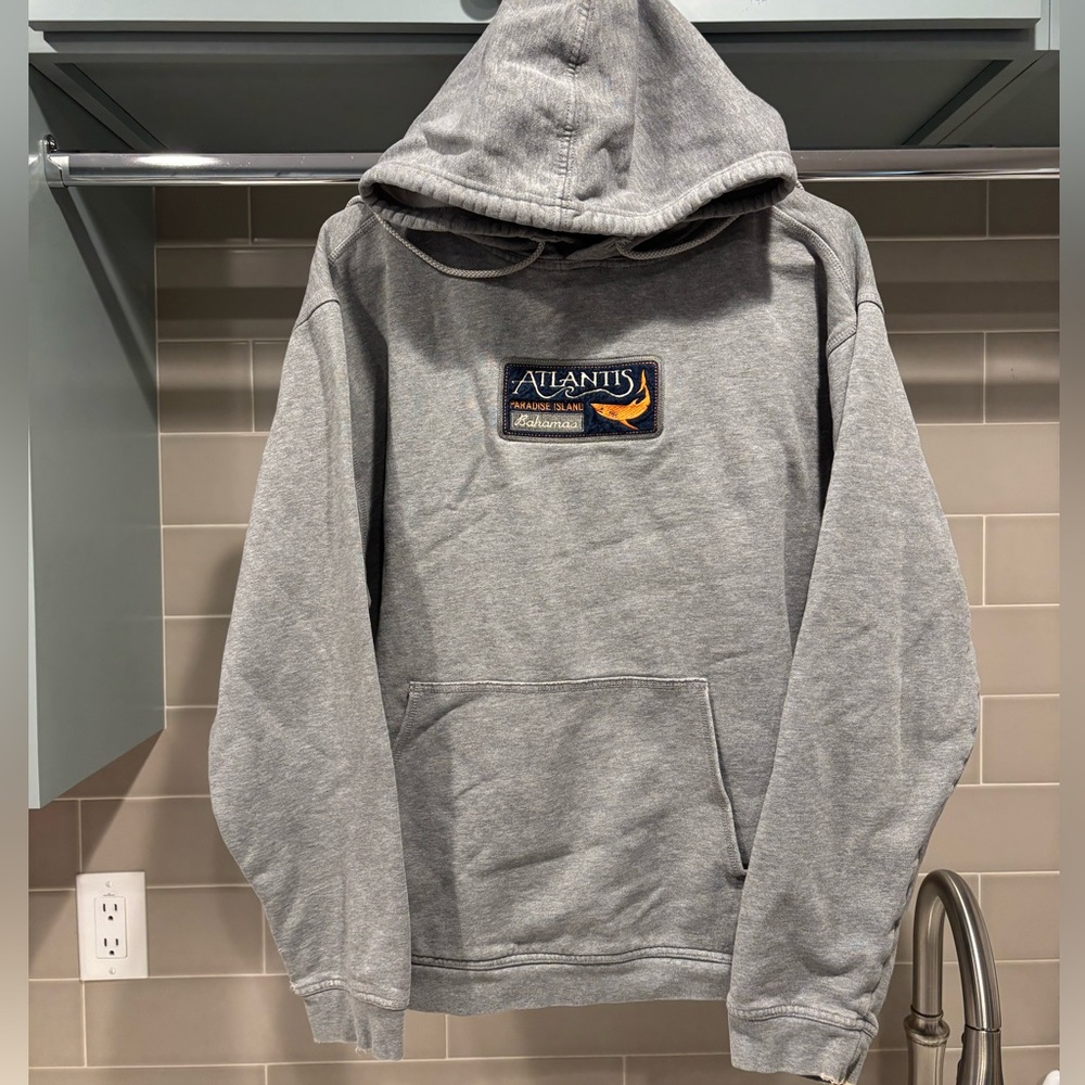 Vintage Y2K Atlantis Bahamas Shark Surfwear Grey Hoodie Sweatshirt Size XL
